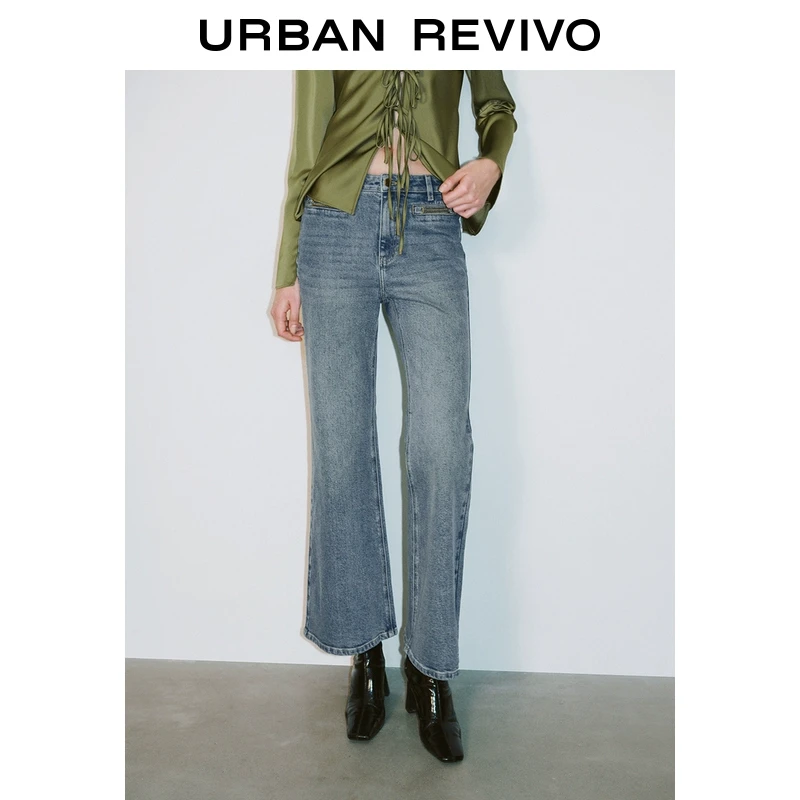 UR2025春季新品女装欧若风设计感拉链饰微喇牛仔长裤UWG850038