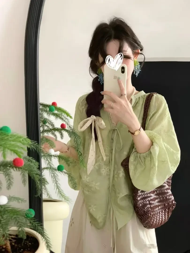 2025初秋新款重工绣花灯笼袖系带衬衫+提花休闲长裤