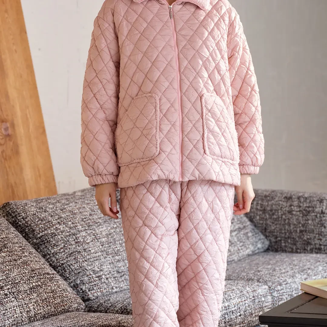 女士冬季三层夹棉加绒加厚保暖可外穿三防面料纯色睡衣家居服套装