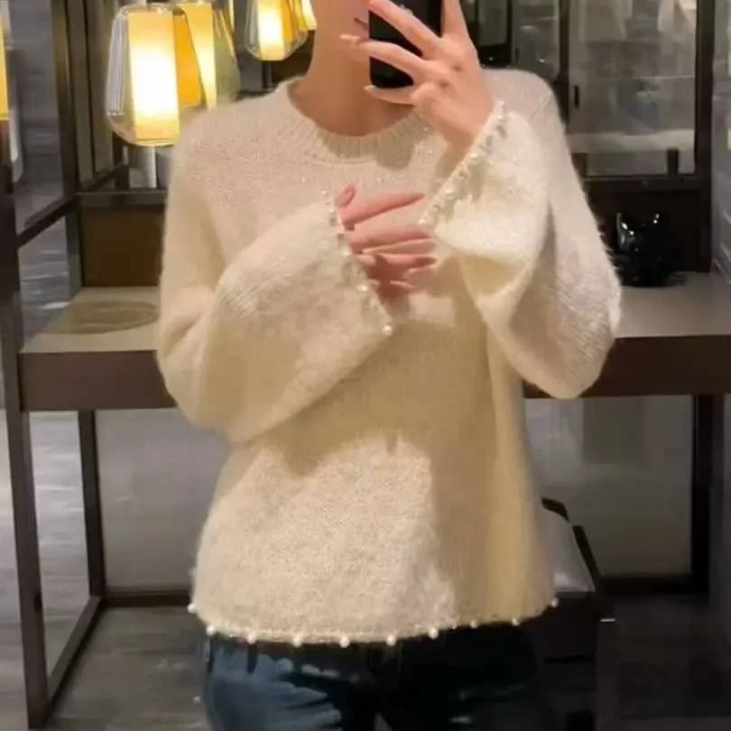 5601法式钉珠亮片针织衫女秋冬慵懒风圆领长袖满天星毛衣上衣