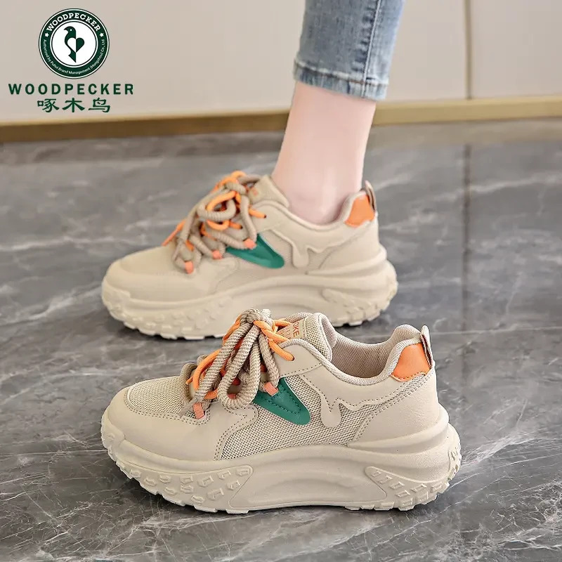 啄木鸟老爹鞋女小个子增高2025新款春季松糕轮胎底百搭小白鞋子男