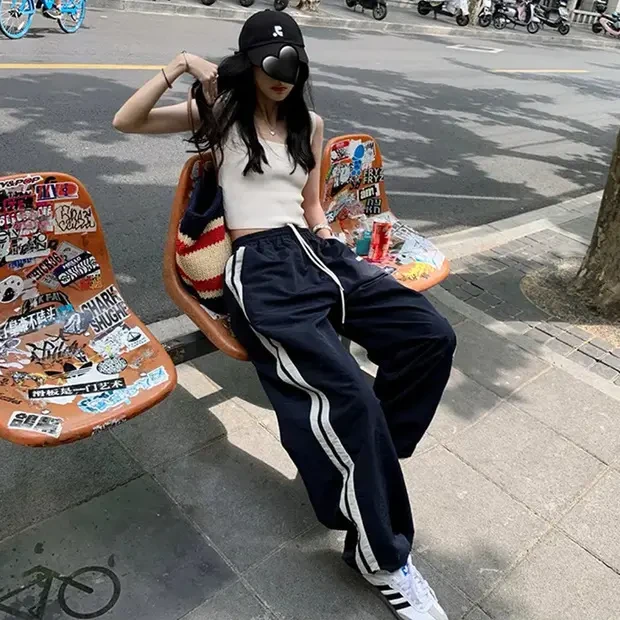 【运险现货】美式复古侧边条纹休闲裤女夏季宽松显瘦阔腿运动速干裤