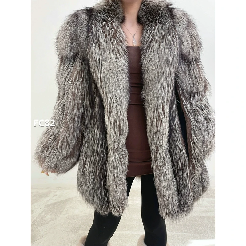 XXXX【FC82】L码 银狐中长款竖纹狐狸毛外套（肩44胸110衣76袖58）