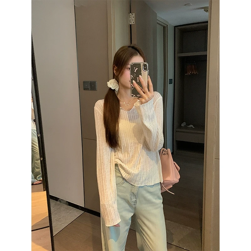 【韩11】纯色V领坑条打底针织衫女烫钻设计感宽松显瘦薄款内搭上衣