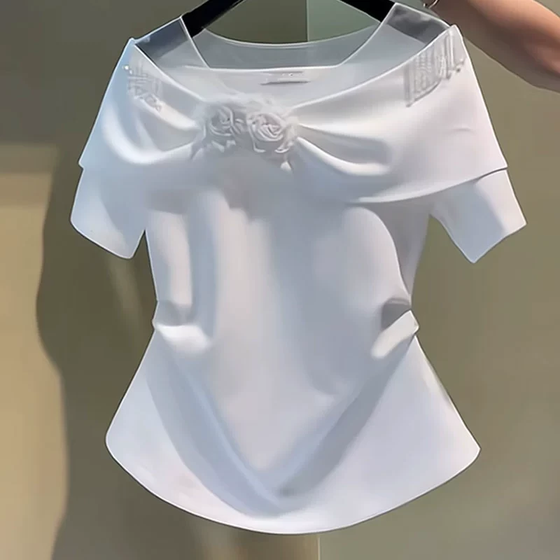 2025夏季白色短袖t恤女士新款修身显瘦时尚收腰气质立体花朵上衣