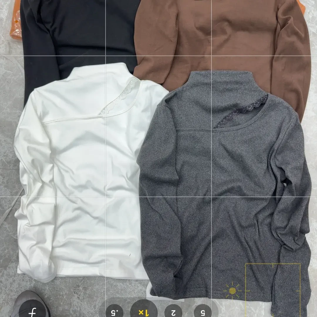 镂空辣妹风蕾丝山系风半高领T恤长袖打底衫内搭套头