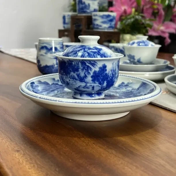 天青山房山水图卷盖碗 青花山水盖碗茶具功夫泡茶杯景德镇纯手绘