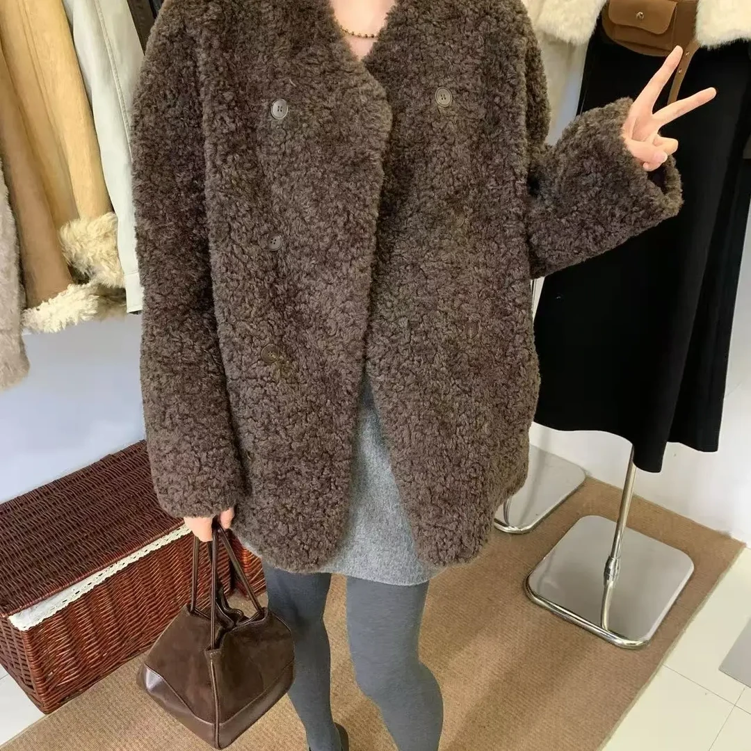 “街头”枫雾美拉德圆领双排扣拉贡毛毛外套秋冬冬季保暖时尚