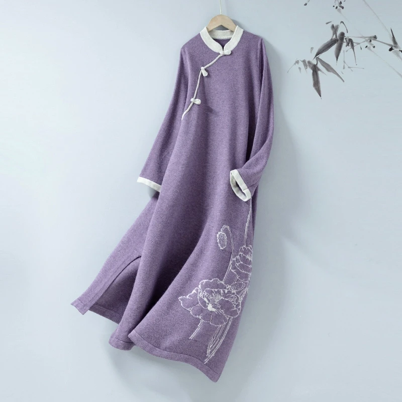 墨下初心【水芸】复古中国风针织旗袍撞色元素手工盘扣连衣裙茶服