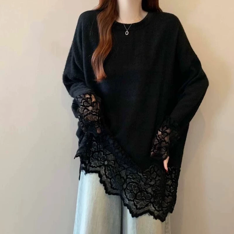 【新年穿搭】微胖妹妹大码法式中长款长袖T恤女洋气蕾丝拼接打底衫