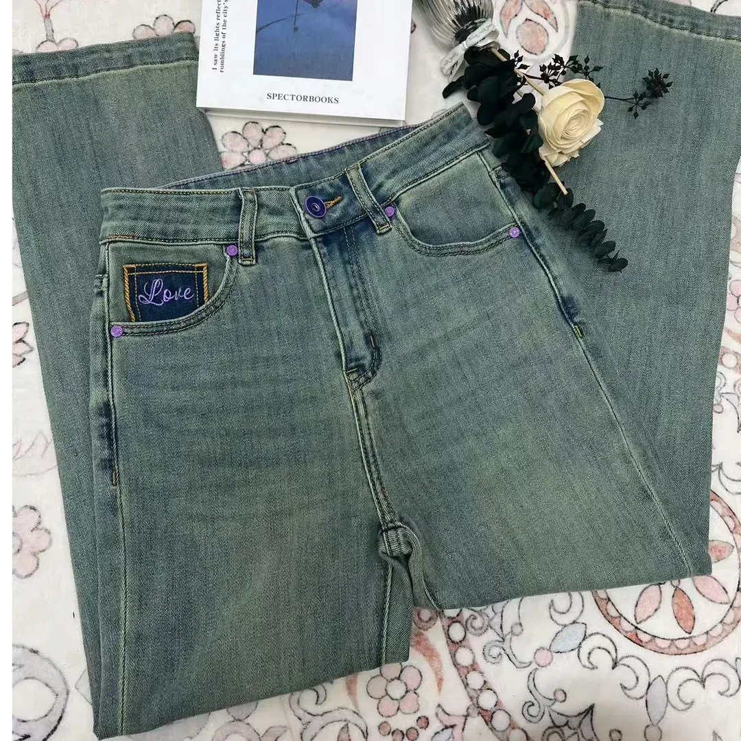 牛仔裤女春夏新款2025年新款高腰显瘦设计感宽松阔腿直筒裤子4805