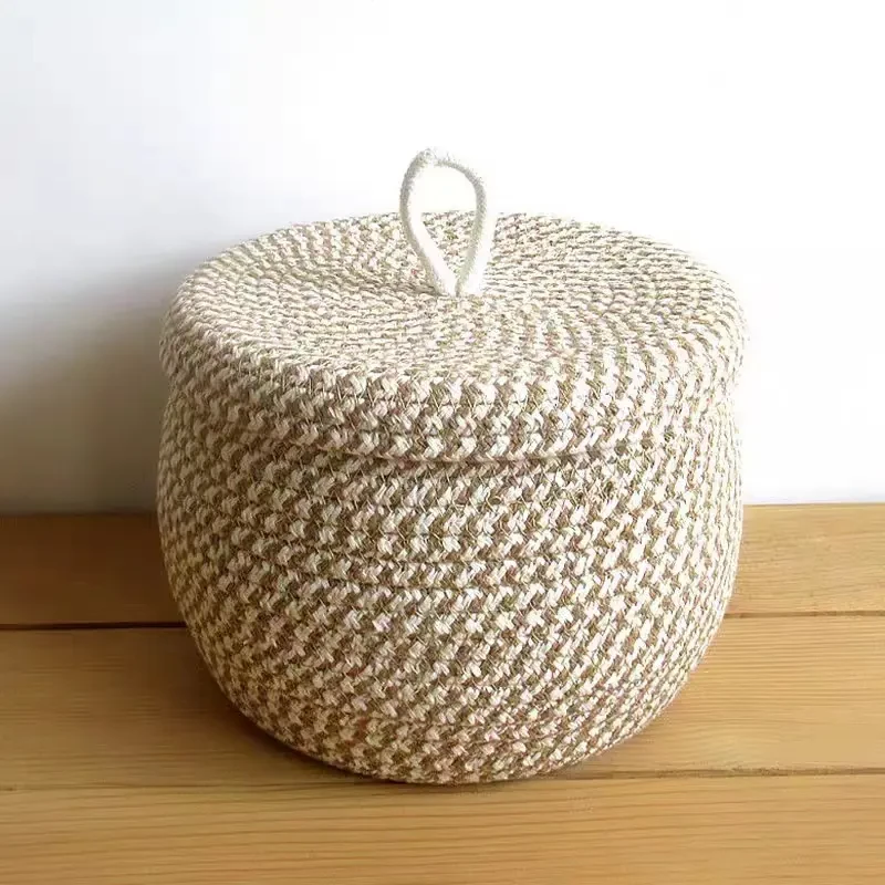 【欧若风】北欧卡布奇诺棉绳圆形编织收纳筐带盖收纳桶草编收纳筐手