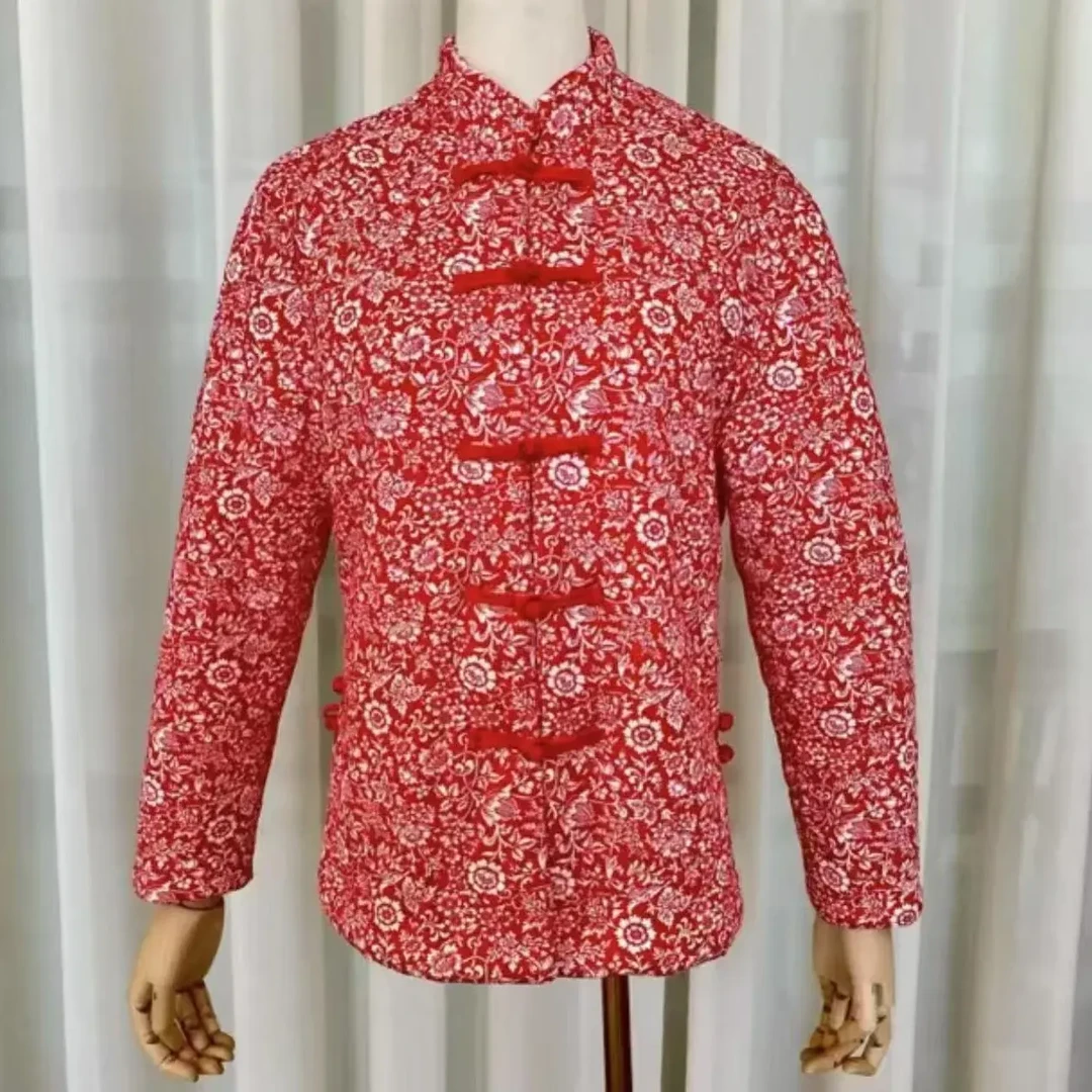 传统中式红色花卉图案立领盘扣棉袄冬季保暖佳选妈妈装