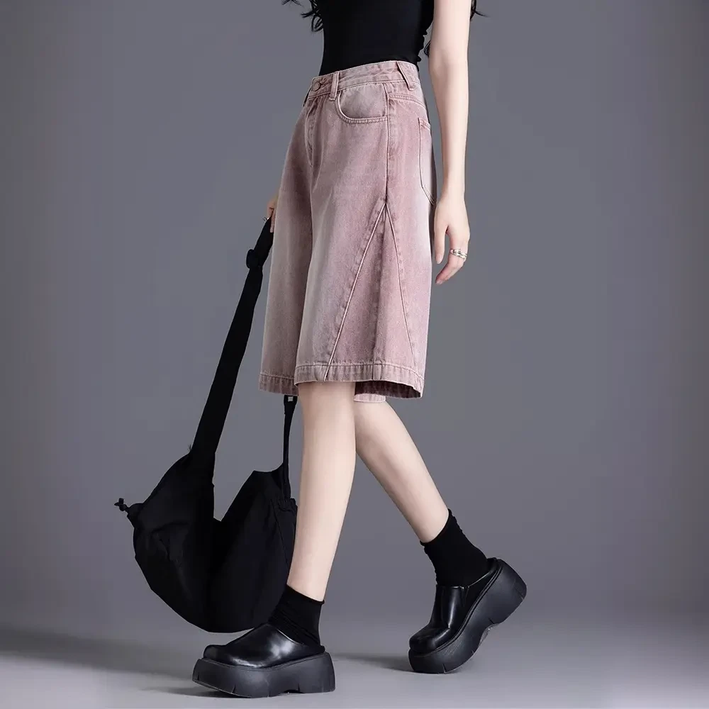 美式拼接直筒牛仔裤短裤夏季新款高腰宽松休闲显瘦百搭六分阔腿裤