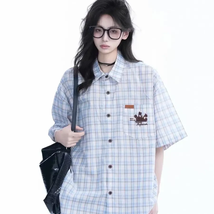 美式复古格子短袖衬衫男女夏季宽松设计感学院风衬衣潮