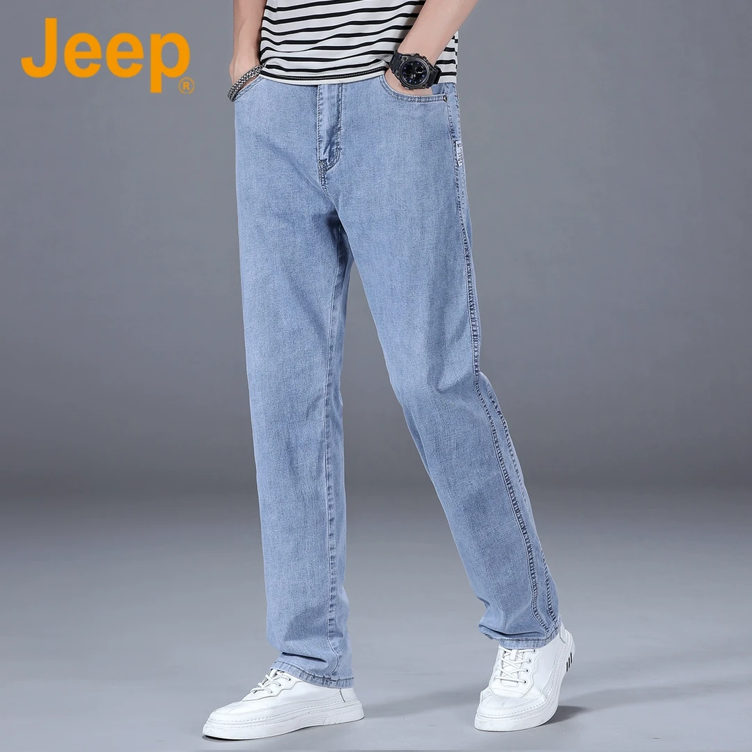 JEEP吉普百搭牛仔裤男士2025春季宽松直筒水洗浅蓝色弹力休闲裤子