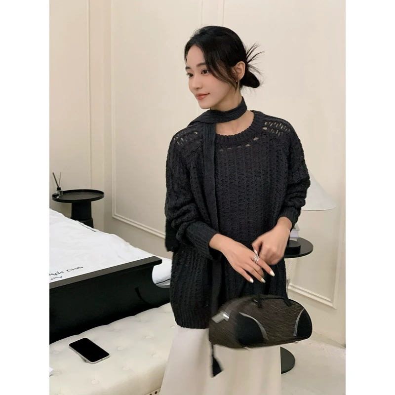 UKILAU  白智恩  慵懒风宽松显瘦套头毛衣女设计感圆领针织衫上衣