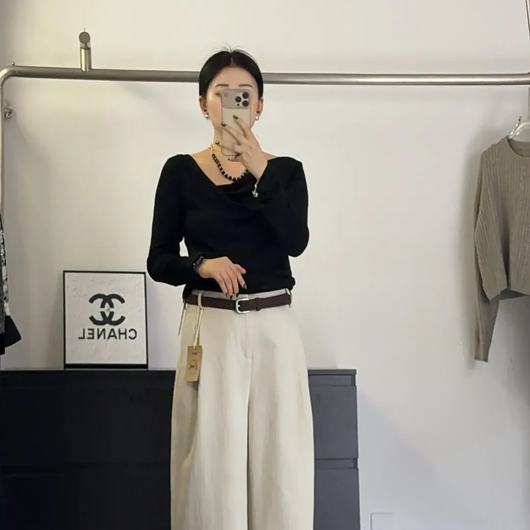 秋季新款韩版气质显瘦收腰黑色上衣搭配阔腿裤