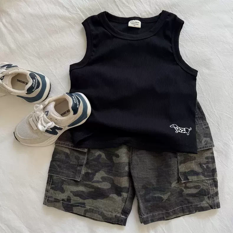 男童迷彩套装2025夏男女童日系口袋工装短裤宝宝洋气潮酷背心潮
