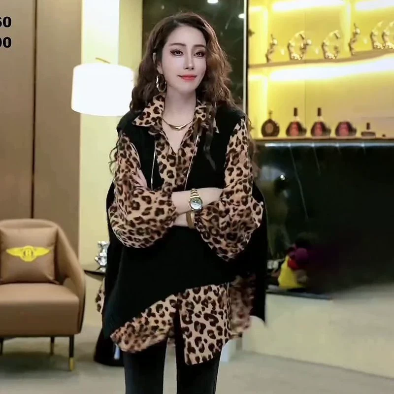 气质复古豹纹衬衫春季套装女宽松慵懒开叉针织马甲坎肩外穿上衣