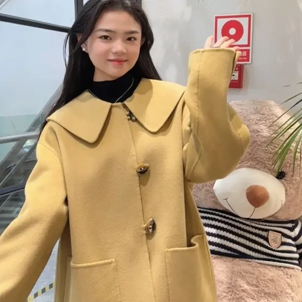 小清新短款绵羊毛双面呢大衣秋冬小个子气质外套女