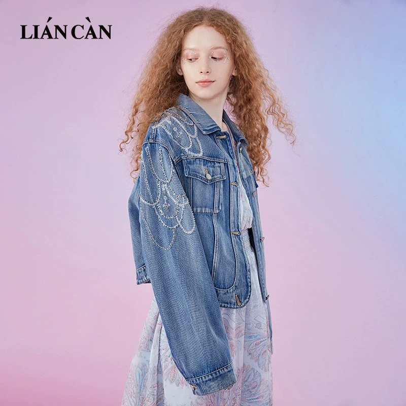 莲灿2025秋商城同款烫钻新国风落肩短款牛仔外套71EO396002