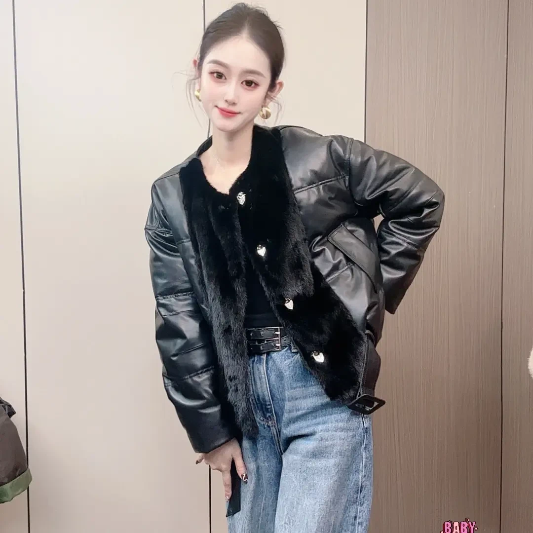 【洋洋洋】真皮拼接水貂皮加厚鹅绒服绵羊皮轻奢皮草外套女