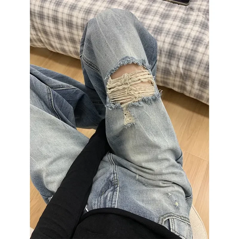 复古磨白破洞阔腿牛仔裤女2025春季新款美式直筒宽松显瘦拖地裤子