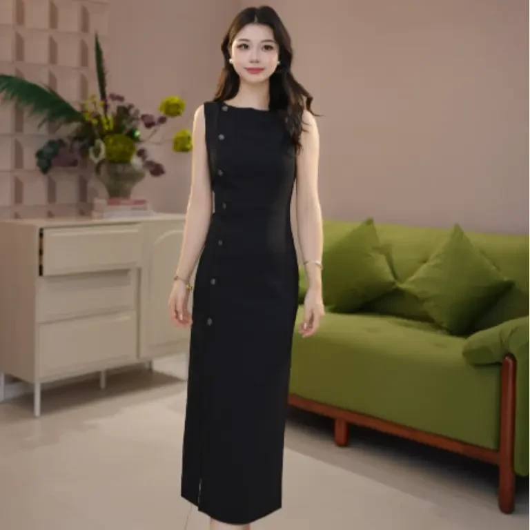 哥弟辣妹轻奢法式黑裙收腰修身显瘦黑色开叉名媛连衣裙150035