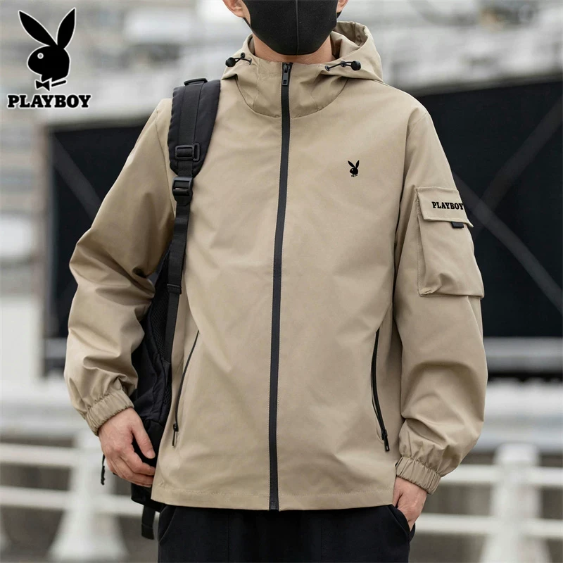 花花公子花花公子休闲夹克男士外套2024年秋冬季新款潮卡其连帽冲