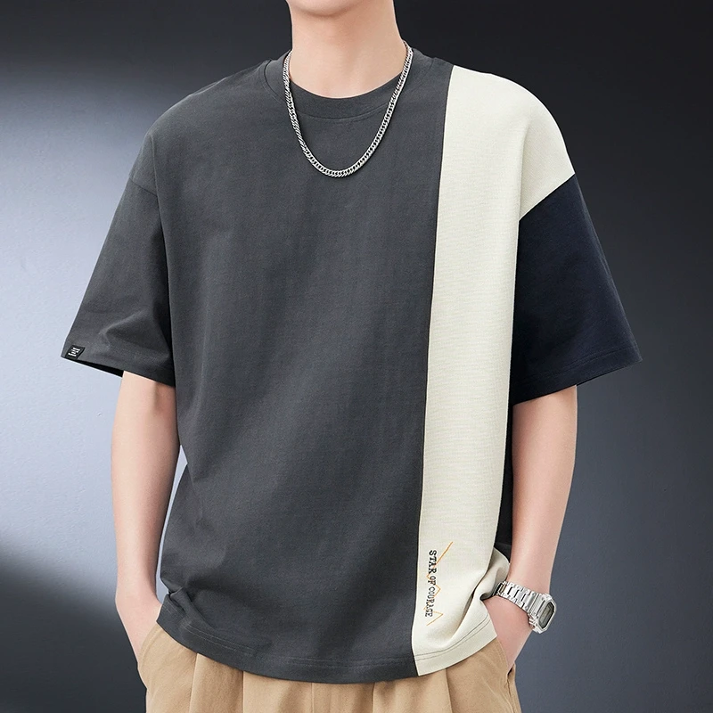 重磅短袖T恤男2025夏季新款小众设计感拼接撞色半袖打底衫个性潮