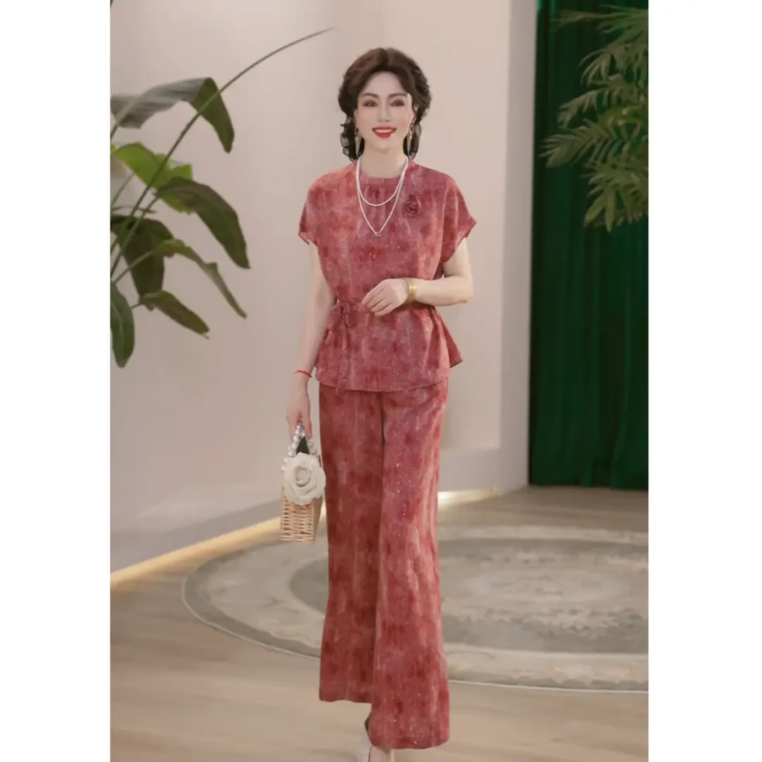 2025新款夏季妈妈装薄款时尚套装气质衬衣女装洋气减龄T恤两件套