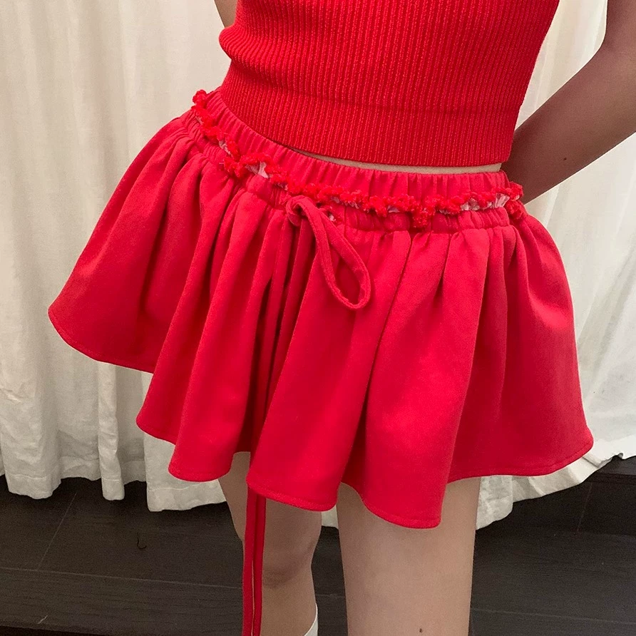 制造后花园*Herstory系列美式少女辣妹系带皱褶花边腰迷你小短裙