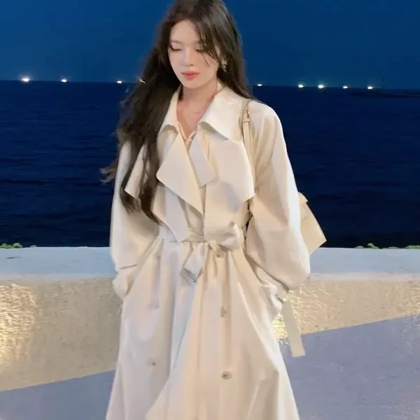 高级感白色风衣外套女2025秋季新款中长款收腰垂感英伦小个子大衣