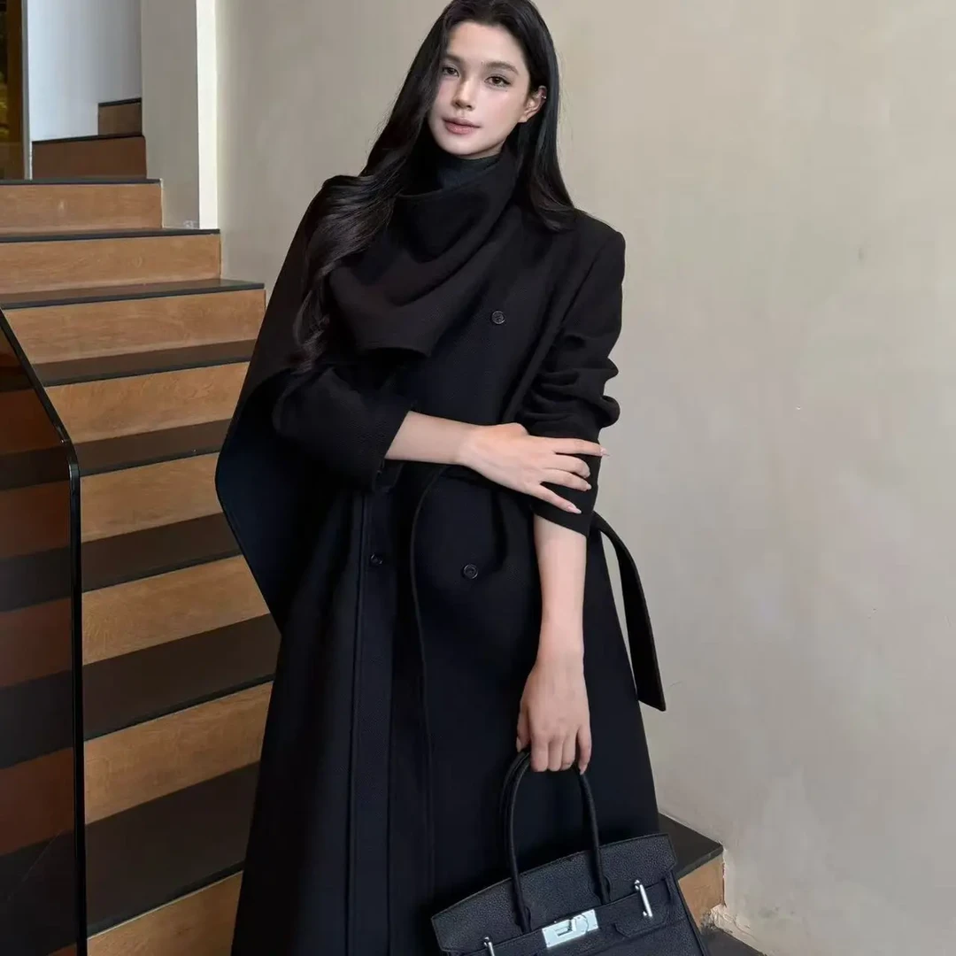 秋冬新款休闲围巾领中长款双面毛呢大衣女