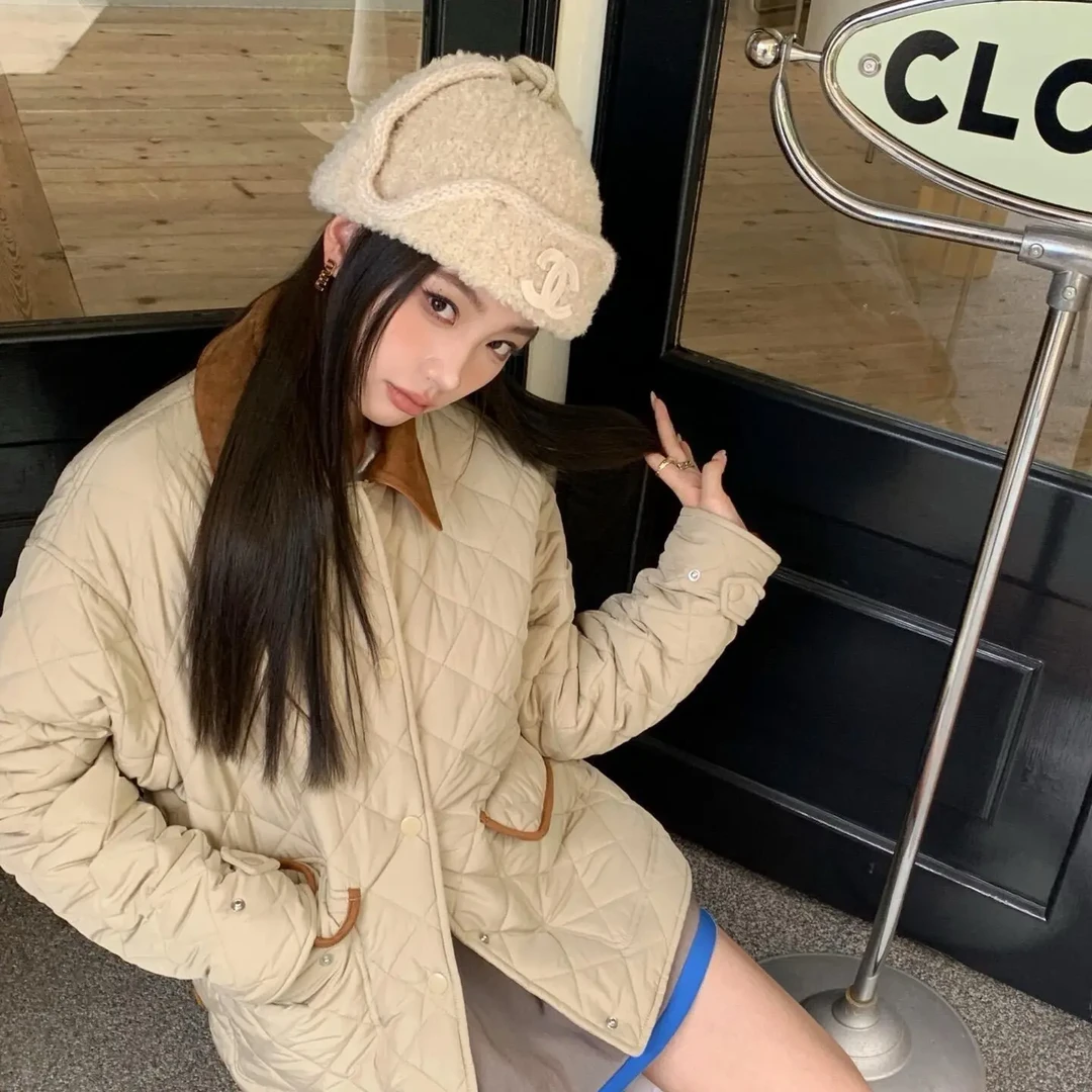 秋冬新款撞色绗缝格纹翻领夹棉外套薄款棉服上衣短外套