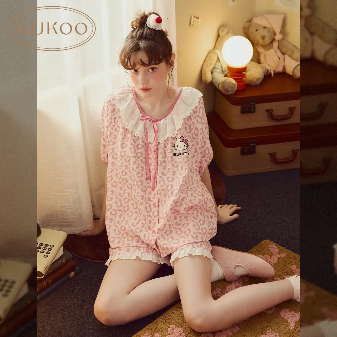 【Gukoo果壳】夏季甜美风睡衣HelloKitty粉色豹纹女士家居服套装