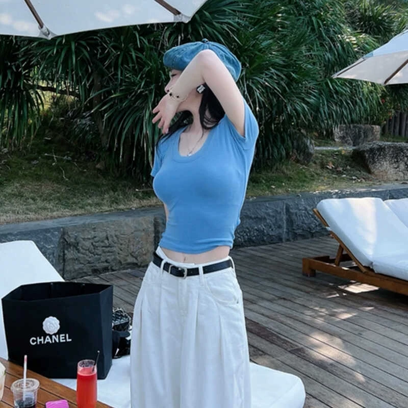 短袖t恤女2024新款夏季设计小众今年流行漂亮修身正肩甜辣小上衣