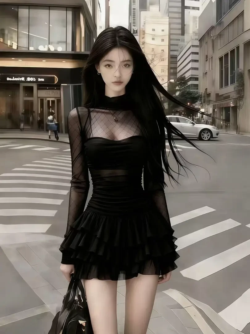 轻奢气质名媛纯欲风黑色半高领网纱拼接微透氛围感气质辣妹连衣裙