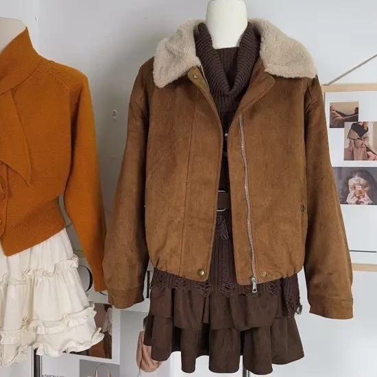 秋冬季时尚韩版百搭气质宽松休闲咖色翻领拼接加棉加厚短款外套