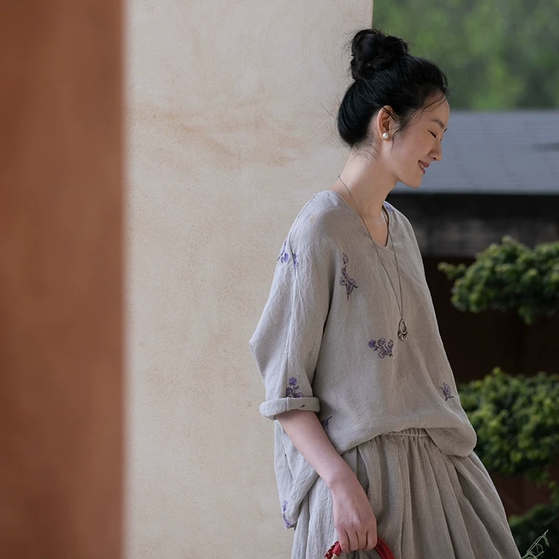 牧衣游原创 匹绣亚麻质套头衫新品V领轻薄通透质朴文艺上衣 竹生