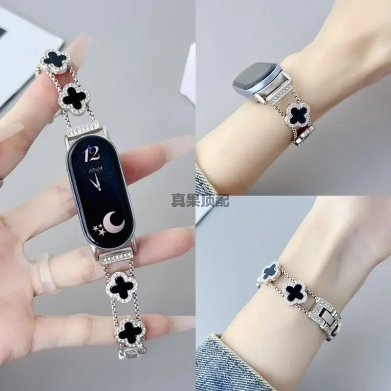 适用小米手环10表带9/9pro四叶草镶钻红米5金属nfc手表链fit4女款