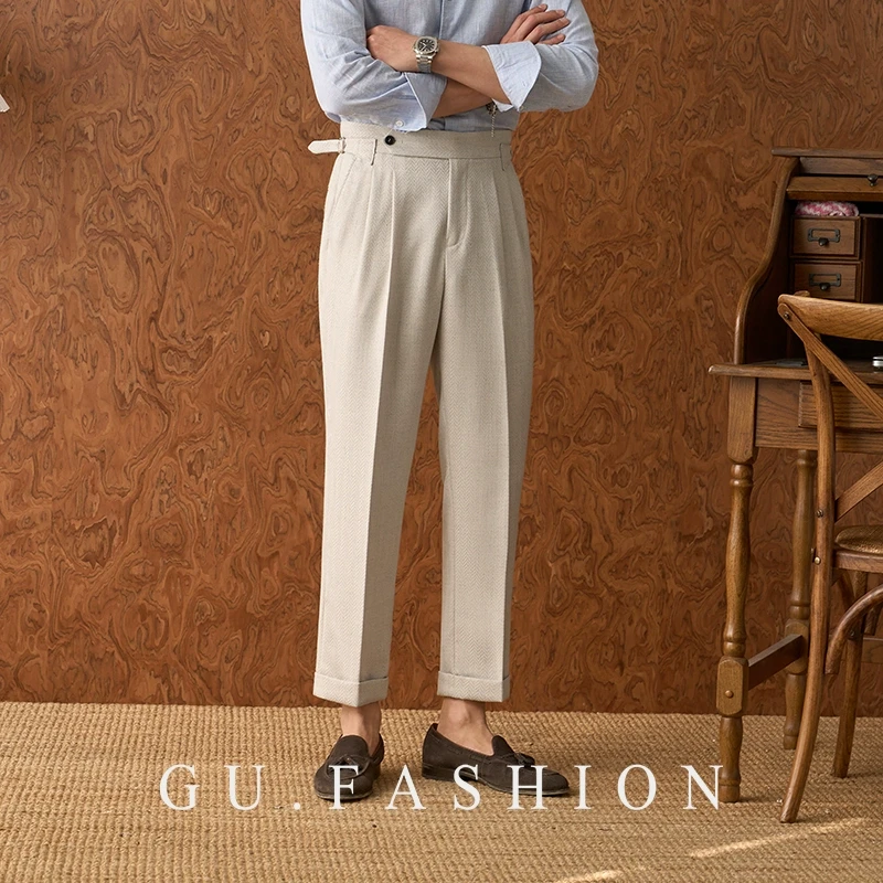 GU FASHION意式巴黎扣双褶高腰西裤商务休闲垂感廓尔格直筒裤子男