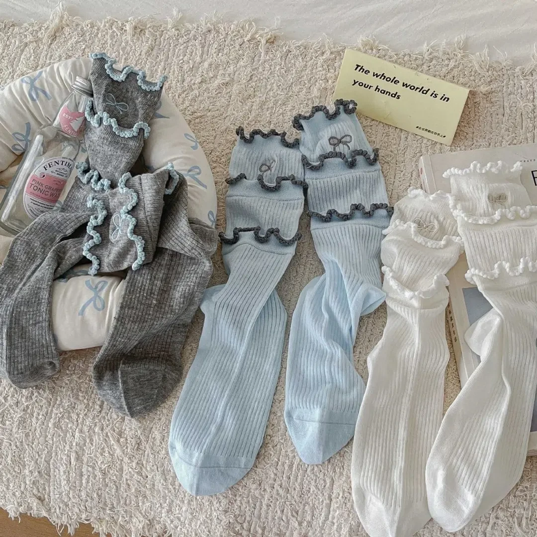 韩系蛋糕花边棉袜子女春夏薄款透气中筒袜女生公主白色堆堆长袜