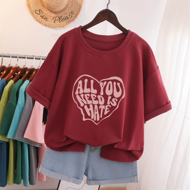 美式复古宽松胖mm大码圆领纯棉短袖t恤女装设计感小众显瘦上衣服