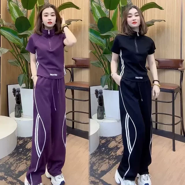 宽松运动服套装女夏季2025新款立领洋气显瘦短袖减龄时尚两件套潮