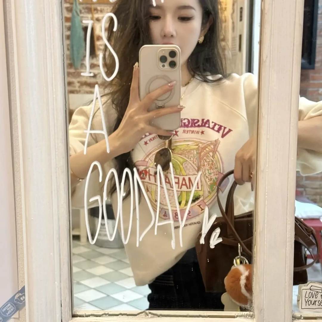 新款加绒宽松显瘦圆领印花女士卫衣