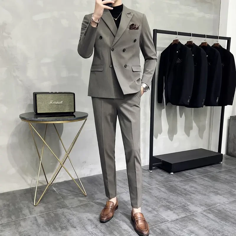 双排扣西装套装男款条纹修身帅气男士休闲新郎结婚正装商务高级感