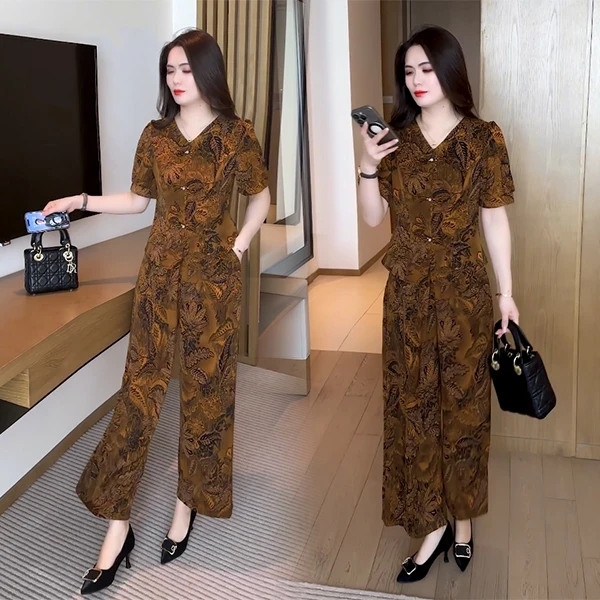 2025夏季新款新中式盘扣穿搭洋气时尚气质减龄短袖上衣直筒裤套装