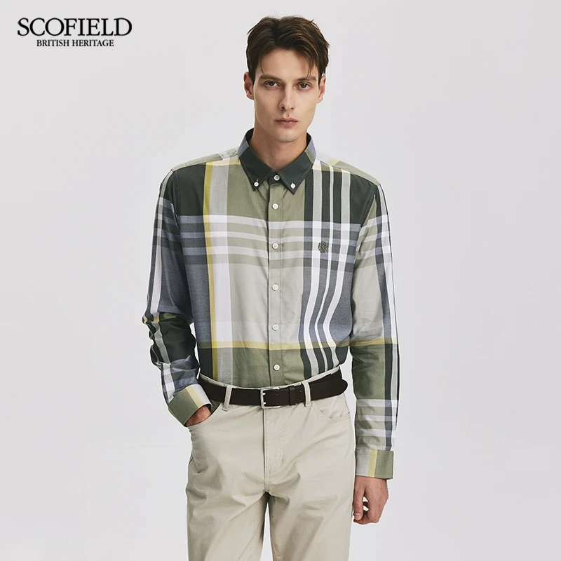 SCOFIELD秋季男士时尚潮流休闲百搭舒适修身长袖大格子衬衫